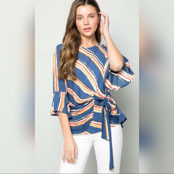 Woven Striped Front Tie Ruffle Top - Picture 6 of 6